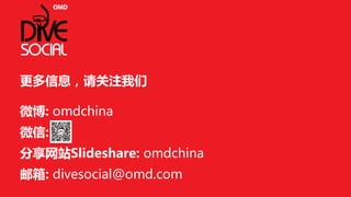 更多信息，请关注我们 
微博: omdchina 
微信: 
分享网站Slideshare: omdchina 
邮箱: divesocial@omd.com 