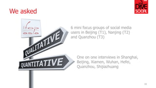 We asked 
10 
6 mini focus groups of social media users in Beijing (T1), Nanjing (T2) and Quanzhou (T3) 
One on one interviews in Shanghai, Beijing, Xiamen, Wuhan, Hefei, Quanzhou, Shijiazhuang  