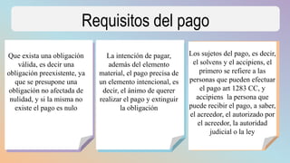 Requisitos del pago
Que exista una obligación
válida, es decir una
obligación preexistente, ya
que se presupone una
obligación no afectada de
nulidad, y si la misma no
existe el pago es nulo
La intención de pagar,
además del elemento
material, el pago precisa de
un elemento intencional, es
decir, el ánimo de querer
realizar el pago y extinguir
la obligación
Los sujetos del pago, es decir,
el solvens y el accipiens, el
primero se refiere a las
personas que pueden efectuar
el pago art 1283 CC, y
accipiens la persona que
puede recibir el pago, a saber,
el acreedor, el autorizado por
el acreedor, la autoridad
judicial o la ley
 