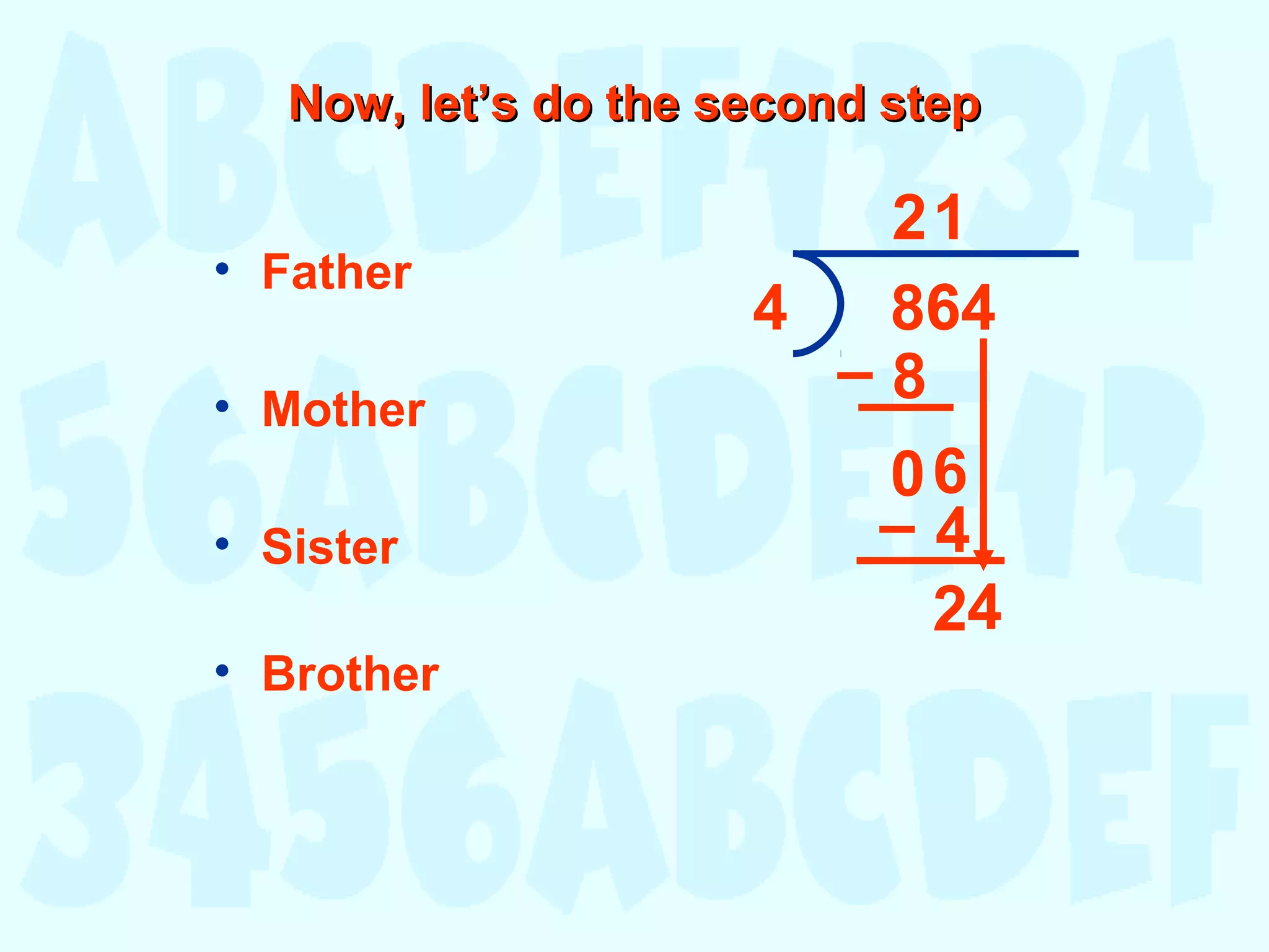 Now, let’s do the second stepNow, let’s do the second step
• Father
• Mother
• Sister
8644
2
8–
06
6
• Brother
1
4–
24
4
 
