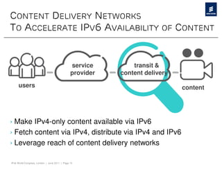 CONTENT DELIVERY NETWORKS
TO ACCELERATE IPV6 AVAILABILITY OF CONTENT


                                               service        transit &
                                               provider   content delivery

     users                                                                   content




› Make IPv4-only content available via IPv6
› Fetch content via IPv4, distribute via IPv4 and IPv6
› Leverage reach of content delivery networks

IPv6 World Congress, London | June 2011 | Page 13
 