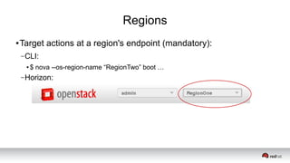 Regions
● Target actions at a region's endpoint (mandatory):
–CLI:
● $ nova --os-region-name “RegionTwo” boot …
–Horizon:
 