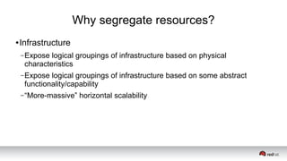 Why segregate resources?
● Infrastructure
–Expose logical groupings of infrastructure based on physical
characteristics
–Expose logical groupings of infrastructure based on some abstract
functionality/capability
–“More-massive” horizontal scalability
 