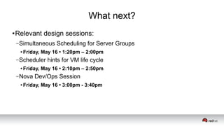 What next?
● Relevant design sessions:
–Simultaneous Scheduling for Server Groups
● Friday, May 16 • 1:20pm – 2:00pm
–Scheduler hints for VM life cycle
● Friday, May 16 • 2:10pm – 2:50pm
–Nova Dev/Ops Session
● Friday, May 16 • 3:00pm - 3:40pm
 