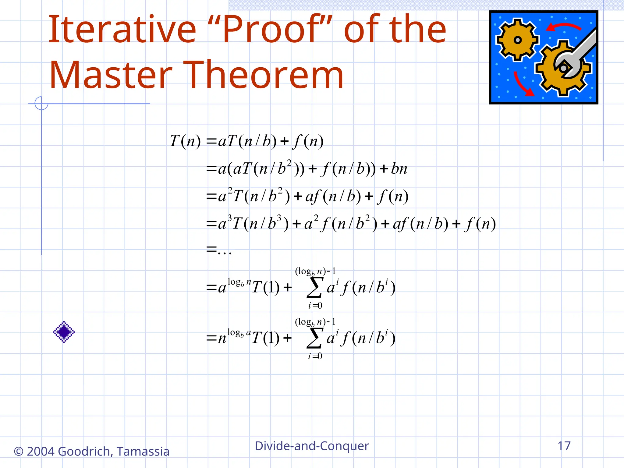 Divide-and-Conquer 17
© 2004 Goodrich, Tamassia
Iterative “Proof” of the
Master Theorem























1
)
(log
0
log
1
)
(log
0
log
2
2
3
3
2
2
2
)
/
(
)
1
(
)
/
(
)
1
(
.
.
.
)
(
)
/
(
)
/
(
)
/
(
)
(
)
/
(
)
/
(
))
/
(
))
/
(
(
)
(
)
/
(
)
(
n
i
i
i
a
n
i
i
i
n
b
b
b
b
b
n
f
a
T
n
b
n
f
a
T
a
n
f
b
n
af
b
n
f
a
b
n
T
a
n
f
b
n
af
b
n
T
a
bn
b
n
f
b
n
aT
a
n
f
b
n
aT
n
T
 