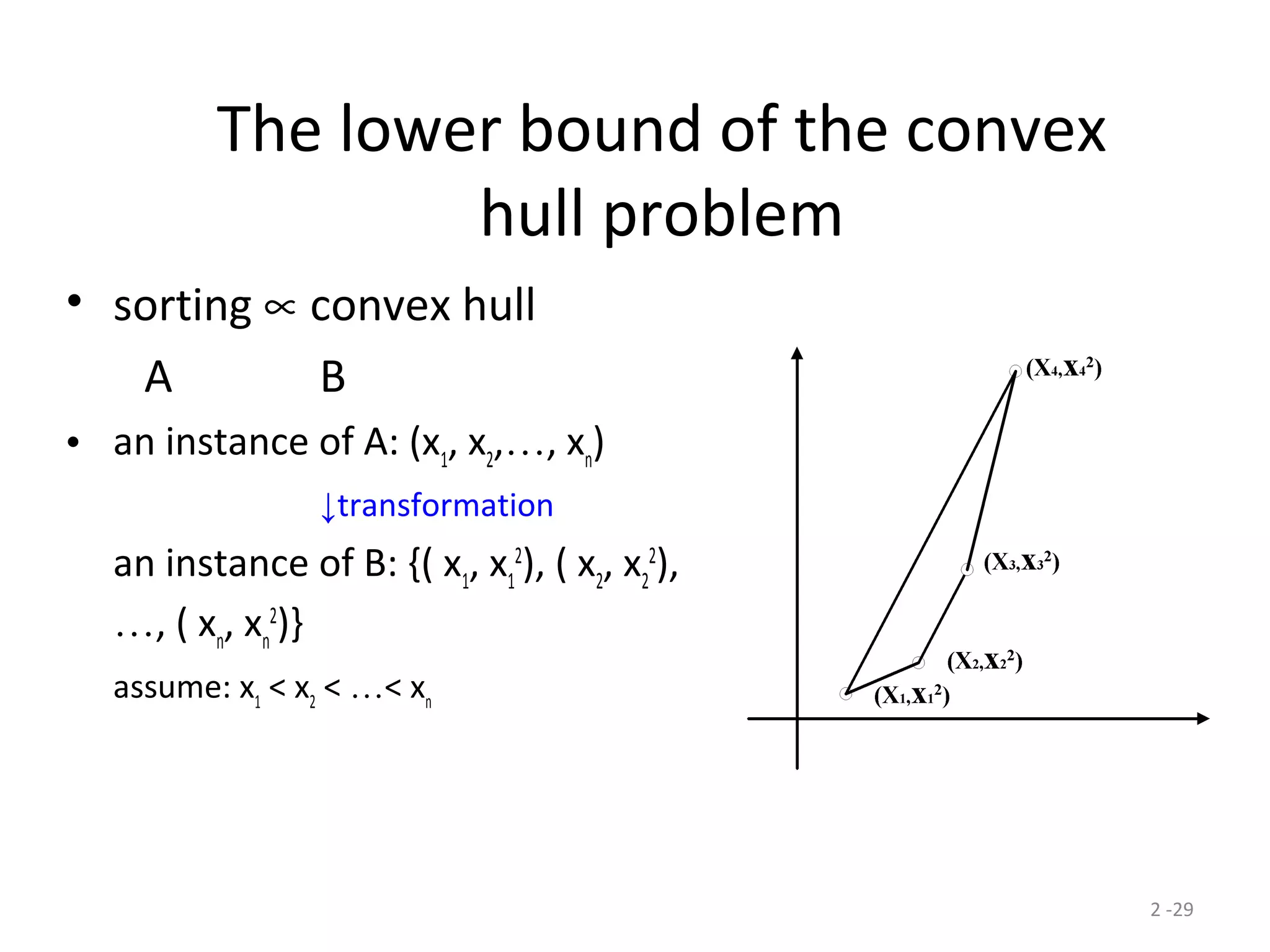 2 -29
The lower bound of the convex
hull problem
• sorting ∝ convex hull
A B
• an instance of A: (x1
, x2
,…, xn
)
↓transformation
an instance of B: {( x1
, x1
2
), ( x2
, x2
2
),
…, ( xn
, xn
2
)}
assume: x1
< x2
< …< xn
 