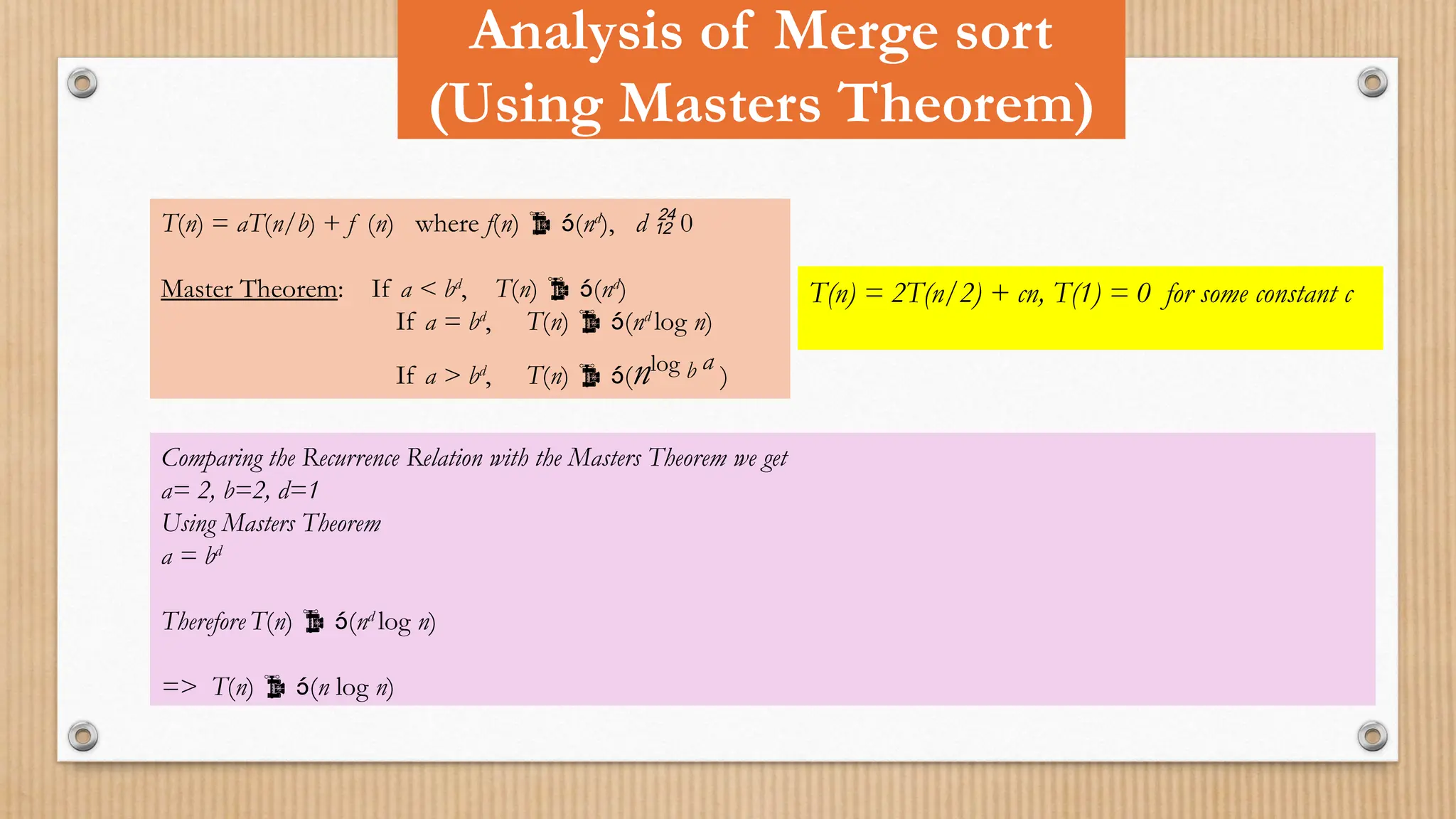 Analysis of Merge sort
(Using Masters Theorem)
T(n) = aT(n/b) + f (n) where f(n)  (nd
), d  0
Master Theorem: If a < bd
, T(n)  (nd
)
If a = bd
, T(n)  (nd
log n)
If a > bd
, T(n)  (nlog b a
)
T(n) = 2T(n/2) + cn, T(1) = 0 for some constant c
Comparing the Recurrence Relation with the Masters Theorem we get
a= 2, b=2, d=1
Using Masters Theorem
a = bd
Therefore T(n)  (nd
log n)
=> T(n)  (n log n)
 