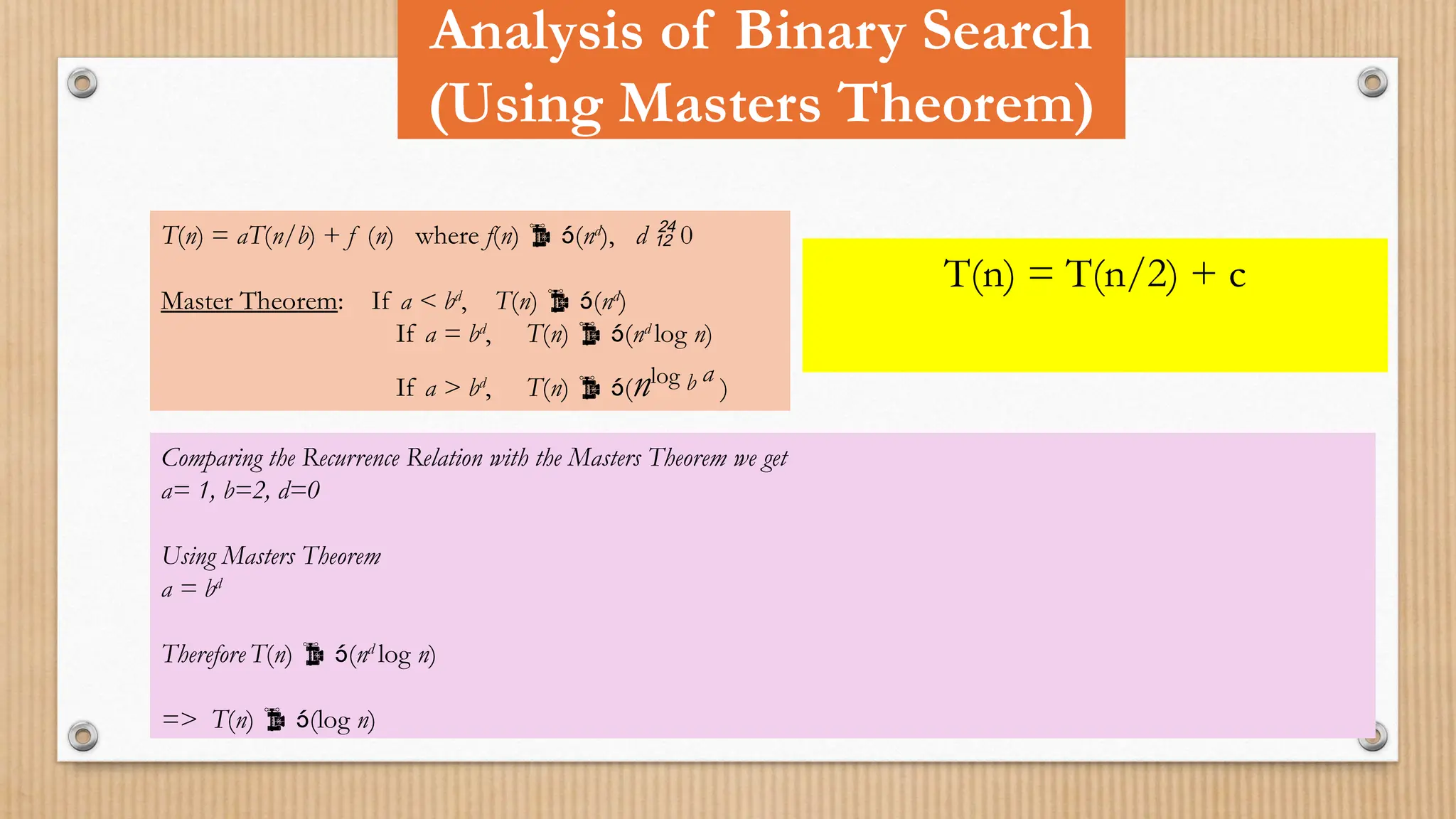 Analysis of Binary Search
(Using Masters Theorem)
T(n) = aT(n/b) + f (n) where f(n)  (nd
), d  0
Master Theorem: If a < bd
, T(n)  (nd
)
If a = bd
, T(n)  (nd
log n)
If a > bd
, T(n)  (nlog b a
)
T(n) = T(n/2) + c
Comparing the Recurrence Relation with the Masters Theorem we get
a= 1, b=2, d=0
Using Masters Theorem
a = bd
Therefore T(n)  (nd
log n)
=> T(n)  (log n)
 