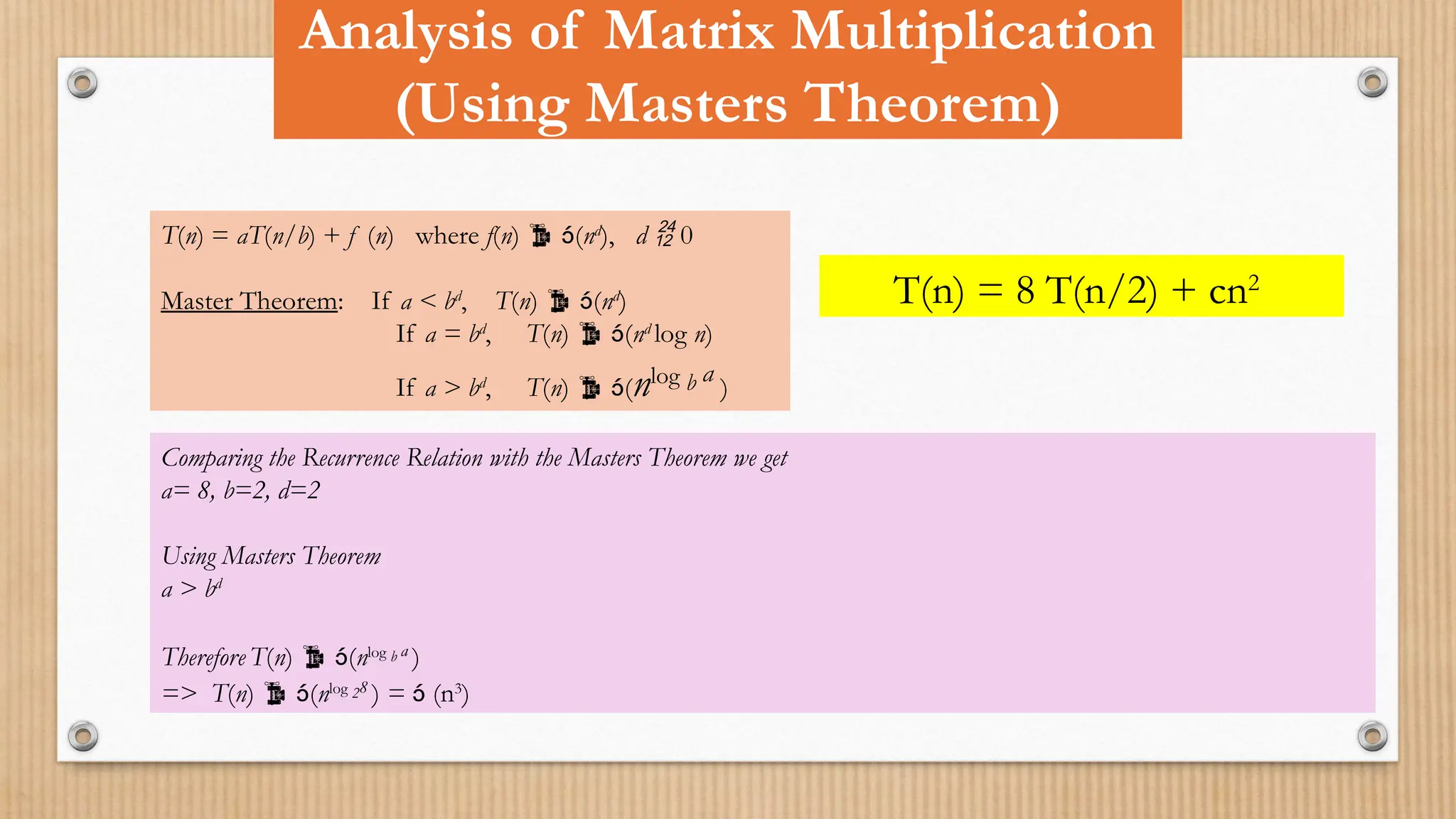 Analysis of Matrix Multiplication
(Using Masters Theorem)
T(n) = aT(n/b) + f (n) where f(n)  (nd
), d  0
Master Theorem: If a < bd
, T(n)  (nd
)
If a = bd
, T(n)  (nd
log n)
If a > bd
, T(n)  (nlog b a
)
T(n) = 8 T(n/2) + cn2
Comparing the Recurrence Relation with the Masters Theorem we get
a= 8, b=2, d=2
Using Masters Theorem
a > bd
Therefore T(n)  (nlog b a
)
=> T(n)  (nlog 28
) =  (n3
)
 