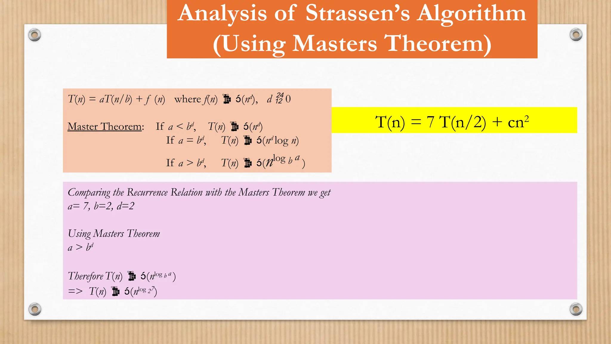 Analysis of Strassen’s Algorithm
(Using Masters Theorem)
T(n) = aT(n/b) + f (n) where f(n)  (nd
), d  0
Master Theorem: If a < bd
, T(n)  (nd
)
If a = bd
, T(n)  (nd
log n)
If a > bd
, T(n)  (nlog b a
)
T(n) = 7 T(n/2) + cn2
Comparing the Recurrence Relation with the Masters Theorem we get
a= 7, b=2, d=2
Using Masters Theorem
a > bd
Therefore T(n)  (nlog b a
)
=> T(n)  (nlog 27
)
 