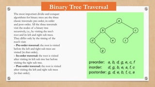 Binary Tree Traversal
The most important divide-and-conquer
algorithms for binary trees are the three
classic traversals: pre-order, in-order
and post-order. All the three traversals
visit the nodes of a binary tree
recursively, i.e., by visiting the tree’s
root and its left and right sub trees.
They differ only by the timing of the
root’s visit:
– Pre-order traversal: the root is visited
before the left and right sub trees are
visited (in that order).
– In-order traversal: the root is visited
after visiting its left sub tree but before
visiting the right sub tree.
– Post-order traversal: the root is visited
after visiting the left and right sub trees
(in that order).
 