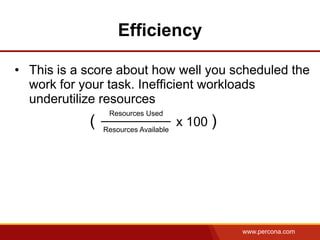 Efficiency

• This is a score about how well you scheduled the
  work for your task. Inefficient workloads
  underutilize ...
