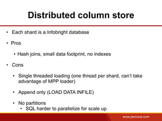 Distributed column store
• Each shard is a Infobright database

• Pros

   • Hash joins, small data footprint, no indexes
...