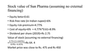 Stock value of Sun Pharma (assuming no external
financing)
• Equity beta=0.61
• Risk-free rate (in Indian rupee)=6%
• Equity risk-premium=4.77%
• Cost of equity=6% + 4.77%*0.61=8.9%
• Dividend per share (2019)=Rs 2.75
Value of stock (assuming no external financing)
=
2.75∗(1+445%)
8.9%−4.45%
=Rs 64. 4
Market price was close to Rs. 475 and Rs 450
 