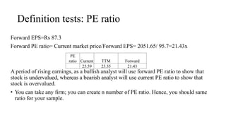 Definition tests: PE ratio
Forward EPS=Rs 87.3
Forward PE ratio= Current market price/Forward EPS= 2051.65/ 95.7=21.43x
A period of rising earnings, as a bullish analyst will use forward PE ratio to show that
stock is undervalued, whereas a bearish analyst will use current PE ratio to show that
stock is overvalued.
• You can take any firm; you can create n number of PE ratio. Hence, you should same
ratio for your sample.
PE
ratio Current TTM Forward
25.59 23.35 21.43
 