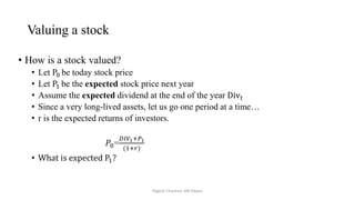 Valuing a stock
• How is a stock valued?
• Let P0 be today stock price
• Let P1 be the expected stock price next year
• Assume the expected dividend at the end of the year Divt
• Since a very long-lived assets, let us go one period at a time…
• r is the expected returns of investors.
𝑃0=
𝐷𝐼𝑉1+𝑃1
(1+𝑟)
• What is expected P1?
Yogesh Chauhan, IIM Raipur
 