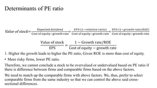 Determinants of PE ratio
Value of stock=
Expected 𝑑𝑖𝑣𝑖𝑑𝑒𝑛𝑑
Cost of equity−growth rate
=
𝐸𝑃𝑆∗(1−𝑟𝑒𝑡𝑎𝑡𝑖𝑜𝑛 𝑟𝑎𝑡𝑖𝑜)
Cost of equity−growth rate
=
𝐸𝑃𝑆∗(1−𝑔𝑟𝑜𝑤𝑡ℎ 𝑟𝑎𝑡𝑒/𝑅𝑂𝐸)
Cost of equity−growth rate
Value of stock
EPS
=
1 − Growth rate/ROE
Cost of equity − growth rate
1. Higher the growth leads to higher the PE ratio, Given ROE is more than cost of equity.
• More risky firms, lower PE ratio.
Therefore, we cannot conclude a stock to be overvalued or undervalued based on PE ratio if
there is difference between firms and comparable firms based on the above factors.
We need to match up the comparable firms with above factors. We, thus, prefer to select
comparable firms from the same industry so that we can control the above said cross-
sectional differences.
 