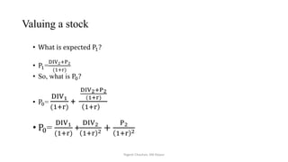 Valuing a stock
• What is expected P1?
• P1=
DIV2+P2
(1+r)
• So, what is P0?
• P0=
DIV1
(1+r)
+
DIV2+P2
(1+r)
1+r
• P0=
DIV1
(1+r)
+
DIV2
1+r 2 +
P2
1+r 2
Yogesh Chauhan, IIM Raipur
 
