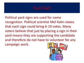 Fun Fact
Political yard signs are used for name
recognition. Political scientist Mel Kahn states
that each sign could bring 6-10 votes. Many
voters believe that just by placing a sign in their
yard means they are supporting the candidate
and therefore do not have to volunteer for any
campaign work.
 