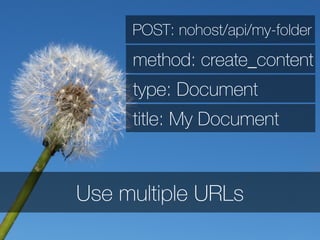 Use multiple URLs
POST: nohost/api/my-folder
method: create_content
type: Document
title: My Document
 