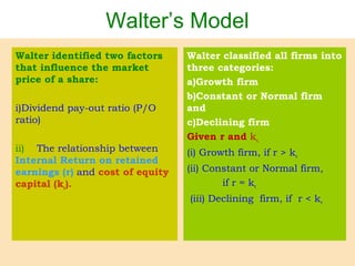 Walter’s Model
Walter identified two factors
that influence the market
price of a share:
i)Dividend pay-out ratio (P/O
ratio)
ii) The relationship between
Internal Return on retained
earnings (r) and cost of equity
capital (ke).
Walter classified all firms into
three categories:
a)Growth firm
b)Constant or Normal firm
and
c)Declining firm
Given r and ke,
(i) Growth firm, if r > ke
(ii) Constant or Normal firm,
if r = ke
(iii) Declining firm, if r < ke
 