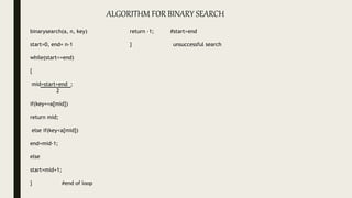 ALGORITHM FOR BINARY SEARCH
binarysearch(a, n, key)
start=0, end= n-1
while(start<=end)
{
mid=start+end ;
2
if(key==a[mid])
return mid;
else if(key<a[mid])
end=mid-1;
else
start=mid+1;
} #end of loop
return -1; #start>end
} unsuccessful search
 