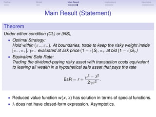 Outline Model Main Result Implications Heuristics
Main Result (Statement)
Theorem
Under either condition (CL) or (NS),
• Optimal Strategy:
Hold within (π−, π+). At boundaries, trade to keep the risky weight inside
[π−, π+]. (π− evaluated at ask price (1 + ε)St , π+ at bid (1 − ε)St .)
• Equivalent Safe Rate:
Trading the dividend-paying risky asset with transaction costs equivalent
to leaving all wealth in a hypothetical safe asset that pays the rate
EsR = r +
µ2
− λ2
2γσ2
.
• Reduced value function w(x, λ) has solution in terms of special functions.
• λ does not have closed-form expression. Asymptotics.
 