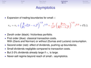 Outline Model Main Result Implications Heuristics
Asymptotics
• Expansion of trading boundaries for small ε:
π± = π∗ ±
3
2γ
π2
∗(1 − π∗)2
1/3
ε1/3
+
δ
γσ2
2γπ∗
3(1 − π∗)2
1/3
ε2/3
+ O(ε).
• Zeroth order (black): frictionless portfolio.
• First order (blue): classical transaction costs.
With (Davis and Norman) or without (Dumas and Luciano) consumption.
• Second order (red): effect of dividends, pushing up boundaries.
• Small dividends negligible compared to transaction costs.
• But 2-3% dividends already large if π∗ is large.
• Never-sell regime beyond reach of small ε asymptotics.
 