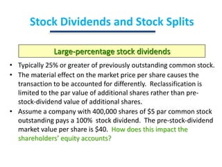 Stock Dividends and Stock SplitsLarge-percentage stock dividendsTypically 25% or greater of previously outstanding common stock.The material effect on the market price per share causes the transaction to be accounted for differently.  Reclassification is limited to the par value of additional shares rather than pre-stock-dividend value of additional shares.Assume a company with 400,000 shares of $5 par common stock outstanding pays a 100%  stock dividend.  The pre-stock-dividend market value per share is $40.  How does this impact the shareholders’ equity accounts?