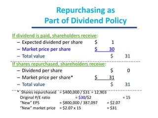 Repurchasing as Part of Dividend PolicyIf dividend is paid, shareholders receive:Expected dividend per share	   $            1Market price per share 		   $          30Total value				   $          31If shares repurchased, shareholders receive:Dividend per share			   $            0Market price per share* 		   $          31Total value				   $          31*  Shares repurchased 	= $400,000 / $31 	= 12,903   Original P/E ratio 		= $30/$2 		= 15   “New” EPS		= $800,000 / 387,097	= $2.07   “New” market price	= $2.07 x 15		= $31