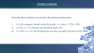 Conclusion
From the above analysis we can draw the conclusion that when,
i. r>k, the company should retain the profits, i.e. when r= 12%= 10%
ii. r is 8%, i.e. r<k, the pay-out should be high; and
iii. r is 10%; i.e. r=k; the dividend pay-out does not affect the price of the share
 