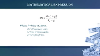 Mathematical Expression
Where, P=Price of shares.
Do=Dividend per share.
ke=Cost of equity capital.
g= Growth rate in r.
 