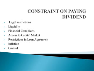 







Legal restrictions
Liquidity
Financial Conditions
Access to Capital Market
Restrictions in Loan Agreement
Inflation
Control

 