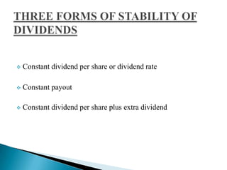 

Constant dividend per share or dividend rate



Constant payout



Constant dividend per share plus extra dividend

 