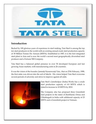 114300-342900Introduction Backed by 100 glorious years of experience in steel making, Tata Steel is among the top ten steel producers in the world with an existing annual crude steel production capacity of 30 Million Tonnes Per Annum (MTPA). Established in 1907, it is the first integrated steel plant in Asia and is now the world`s second most geographically diversified steel producer and a Fortune 500 Company.  Tata Steel has a balanced global presence in over 50 developed European and fast growing Asian markets, with manufacturing units in 26 countries. It was the vision of the founder; Jamsetji Nusserwanji Tata., that on 27th February, 1908, the first stake was driven into the soil of Sakchi.  His vision helped Tata Steel overcome several periods of adversity and strive to improve -133350468630against all odds.  Tata Steel`s Jamshedpur (India) Works has a crude steel production capacity of 6.8 MTPA which is slated to increase to 10 MTPA by 2010.  The Company also has proposed three Greenfield steel projects in the states of Jharkhand, Orissa and Chhattisgarh in India with additional capacity of 23 MTPA and a Greenfield project in Vietnam. Through investments in Corus, Millennium Steel (renamed Tata Steel Thailand) and NatSteel Holdings, Singapore, Tata Steel has created a manufacturing and marketing network in Europe, South East Asia and the pacific-rim countries. Corus, which manufactured over 20 MTPA of steel in 2008, has operations in the UK, the Netherlands, Germany, France, Norway and Belgium.  Tata Steel Thailand is the largest producer of long steel products in Thailand, with a manufacturing capacity of 1.7 MTPA. Tata Steel has proposed a 0.5 MTPA mini blast furnace project in Thailand. NatSteel Holdings produces about 2 MTPA of steel products across its regional operations in seven countries. Tata Steel, through its joint venture with Tata BlueScope Steel Limited, has also entered the steel building and construction applications market.  The iron ore mines and collieries in India give the Company a distinct advantage in raw material sourcing. Tata Steel is also striving towards raw materials security through joint ventures in Thailand, Australia, Mozambique, Ivory Coast (West Africa) and Oman. Tata Steel has signed an agreement with Steel Authority of India Limited to establish a 50:50 joint venture company for coal mining in India. Also, Tata Steel has bought 19.9% stake in New Millennium Capital Corporation, Canada for iron ore mining.  Exploration of opportunities in titanium dioxide business in Tamil Nadu, ferro-chrome plant in South Africa and setting up of a deep-sea port in coastal Orissa are integral to the Growth and Globalisation objective of Tata Steel.  Tata Steel’s vision is to be the global steel industry benchmark for Value Creation and Corporate Citizenship. Tata Steel India is the first integrated steel company in the world, outside Japan, to be awarded the Deming Application Prize 2008 for excellence in Total Quality Management. THE TATA GROUP  257175607695Before we discuss at the length of the company, we would like to throw some light on the Tata Group of companies in present day India.  28575636270Tata Steel is one of the ventures of the Tat Group but it has many successful companies under one umbrella. Some of the other notable Tata concerns and their lines of businesses are shown below. 323850466725VISION OF THE COMPANY COMPETITION 285750960120Tata Steel is undoubtedly the best steelmaker in the wrold. It produces the cheapest and best quality of steel in the world. In the last seven years the position of Tata Steel has reduced drastically because of Corus acquisition. The results of the acquistion will be profitable after 2010. MAJOR LOCAL STEEL PLAYERS -8572576835 MANAGEMENT EFFICIENCY -2571751093470The structure of the Board was recently modified in 2007 post the acquisition of Corus acquisition to suitable incorporate changes which will lead to the adequate realization of synergies from the deal within the given stipulated time frame to reap the benefits from the much talked about and criticized deal.  2009775126365BOARD OF DIRECTORS ,[object Object]
