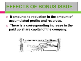 EFFECTS OF BONUS ISSUE
 It amounts to reduction in the amount of
accumulated profits and reserves.
 There is a corresponding increase in the
paid up share capital of the company.
 