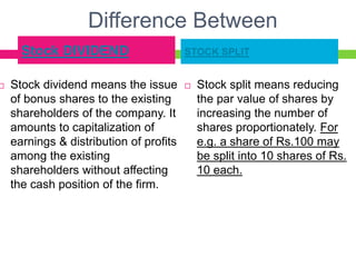 Difference Between
 Stock dividend means the issue
of bonus shares to the existing
shareholders of the company. It
amounts to capitalization of
earnings & distribution of profits
among the existing
shareholders without affecting
the cash position of the firm.
 Stock split means reducing
the par value of shares by
increasing the number of
shares proportionately. For
e.g. a share of Rs.100 may
be split into 10 shares of Rs.
10 each.
Stock DIVIDEND STOCK SPLIT
 