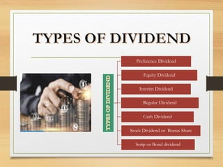 4
Preference Dividend
Equity Dividend
Interim Dividend
Regular Dividend
Cash Dividend
Stock Dividend or Bonus Share
Scrip or Bond dividend
 