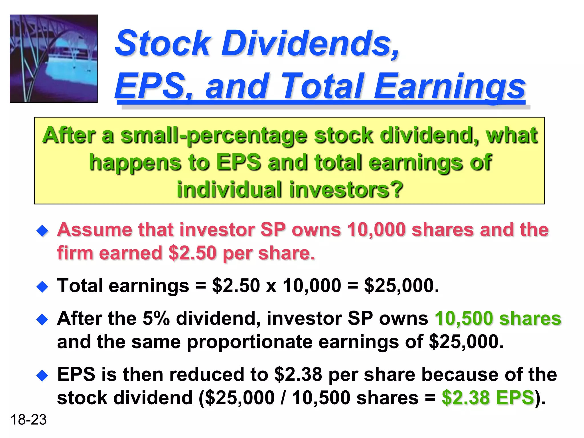 Stock Dividends,
              EPS, and Total Earnings
    After a small-percentage stock dividend, what
        happens to EPS and total earnings of
                 individual investors?
       Assume that investor SP owns 10,000 shares and the
        firm earned $2.50 per share.
       Total earnings = $2.50 x 10,000 = $25,000.
       After the 5% dividend, investor SP owns 10,500 shares
        and the same proportionate earnings of $25,000.
       EPS is then reduced to $2.38 per share because of the
        stock dividend ($25,000 / 10,500 shares = $2.38 EPS).
18-23
 
