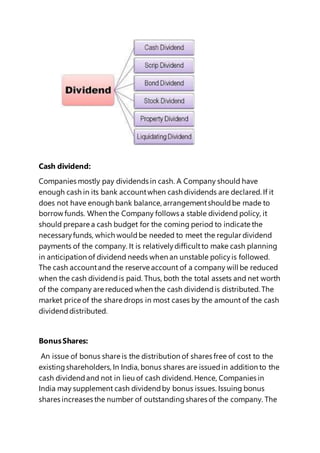 Cash dividend:
Companies mostly pay dividends in cash. A Company should have
enough cash in its bank accountwhen cash dividends are declared. If it
does not have enough bank balance, arrangementshouldbe made to
borrow funds. When the Company follows a stable dividend policy, it
should prepare a cash budget for the coming period to indicate the
necessaryfunds, which wouldbe needed to meet the regular dividend
payments of the company. It is relativelydifficultto make cash planning
in anticipation of dividend needs when an unstable policyis followed.
The cash accountand the reserve account of a company will be reduced
when the cash dividendis paid. Thus, both the total assets and net worth
of the company are reduced when the cash dividendis distributed. The
market price of the share drops in most cases by the amount of the cash
dividenddistributed.
BonusShares:
An issue of bonus share is the distribution of shares free of cost to the
existingshareholders,In India, bonus shares are issuedin addition to the
cash dividendand not in lieu of cash dividend. Hence, Companies in
India may supplement cash dividendby bonus issues. Issuing bonus
shares increases the number of outstandingshares of the company. The
 