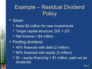18-15
Example – Residual DividendExample – Residual Dividend
PolicyPolicy
 Given
 Need $5 million for new investments
 Target capital structure: D/E = 2/3
 Net Income = $4 million
 Finding dividend
 40% financed with debt (2 million)
 60% financed with equity (3 million)
 NI – equity financing = $1 million, paid out as
dividends
 