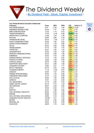 The Dividend Weekly
                              - By Dividend Yield - Stock, Capital, Investment -


Top Yields Dividend Canadian Aristocrats                                                                 Back to
Company                                         Price    EPS     DPS         P/E        Yield in %        Index
AGF MANAGEMENT                                  9.97     0.55    1.08        0.55       10.83
ENBRIDGE INCOME FUND                            23.50    1.77    1.34        1.77       5.70
BIRD CONSTRUCTION                               13.22    1.10    0.72        1.10       5.45
TRANSCONTINENTAL                                10.79    -2.18   0.58        -2.18      5.38
NORTH WEST COMPANY                              21.68    1.29    1.04        1.29       4.80
KEYERA                                          48.90    0.68    2.16        0.68       4.42
THOMSON REUTERS                                 28.76    -1.05   1.27        -1.05      4.42
SHAW COMMUNICATIONS                             22.52    1.62    0.97        1.62       4.31
CORUS ENTERTAINMENT                             23.77    1.79    0.96        1.79       4.04
TELUS                                           65.52    3.89    2.56        3.89       3.91
TRANSCANADA                                     47.10    1.94    1.76        1.94       3.74
FORTIS INC.                                     34.01    1.64    1.24        1.64       3.65
CANADIAN REIT                                   42.52    1.04    1.49        1.04       3.50
ROGERS COMMUNICATIONS                           45.25    2.89    1.58        2.89       3.49
ENBRIDGE                                        42.52    1.03    1.26        1.03       2.96
ENSIGN ENERGY SERVICES                          15.14    1.45    0.44        1.45       2.91
PASON SYSTEMS                                   16.96    1.08    0.48        1.08       2.83
COGECO CABLE                                    38.78    3.46    1.04        3.46       2.68
SHOPPERS DRUG MART                              42.31    2.89    1.06        2.89       2.51
CANADIAN UTILITIES                              70.82    4.27    1.77        4.27       2.50
INTACT FINANCIAL                                64.75    3.55    1.60        3.55       2.47
TALISMAN ENERGY                                 11.15    -0.44   0.27        -0.44      2.42
COGECO                                          32.87    1.27    0.76        1.27       2.31
FINNING INTERNATIONAL                           24.50    1.76    0.56        1.76       2.29
TOROMONT INDUSTRIES                             21.37    1.42    0.48        1.42       2.25
SNC LAVALIN                                     39.90    1.92    0.88        1.92       2.21
CAMECO                                          19.91    1.23    0.40        1.23       2.01
CCL INDUSTRIES                                  41.16    2.82    0.78        2.82       1.90
HOME CAPITAL GROUP                              59.15    6.15    1.04        6.15       1.76
TIM HORTONS                                     48.67    2.58    0.84        2.58       1.73
ATCO                                            78.49    6.54    1.31        6.54       1.67
SAPUTO                                          50.23    1.88    0.84        1.88       1.67
CAN. NATIONAL RAILWAYS                          90.60    6.03    1.50        6.03       1.66
EMPIRE                                          58.68    5.49    0.96        5.49       1.64
CAN. NATURAL RESOURCES                          28.96    2.16    0.42        2.16       1.45
CANADIAN PACIFIC RAILWAY                        100.98   4.01    1.40        4.01       1.39
METRO                                           63.38    4.84    0.86        4.84       1.36
IMPERIAL OIL                                    43.00    4.34    0.48        4.34       1.12
SHAWCOR                                         38.45    1.70    0.40        1.70       1.04




© Dividend Yield - Stock, Capital, Investment                      Subscribe this report here for free
                                                - 14 -
 