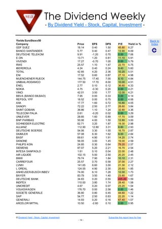 The Dividend Weekly
- By Dividend Yield - Stock, Capital, Investment -
© Dividend Yield - Stock, Capital, Investment Subscribe this report here for free
- 14 -
Back to
Index
Yields EuroStoxx50
Company Price EPS DPS P/E Yield in %
GDF SUEZ 18.14 0.40 1.50 45.80 8.27
BANCO SANTANDER 5.77 0.40 0.47 13.90 8.09
DEUTSCHE TELEKOM 9.91 -1.20 0.70 0.00 7.06
E.ON 13.71 1.20 0.81 11.10 5.91
VIVENDI 17.27 -0.70 1.00 0.00 5.79
RWE 25.57 1.10 1.47 22.70 5.75
IBERDROLA 4.24 0.40 0.24 9.40 5.60
TOTAL 42.85 4.20 2.36 10.20 5.51
ENI 17.52 0.60 0.87 27.10 4.98
MUENCHENER RUECK 144.75 17.40 7.00 8.10 4.84
UNIBAIL-RODAMCO 177.50 17.70 8.00 10.00 4.51
ENEL 2.77 0.10 0.12 36.60 4.33
NOKIA 4.75 -0.30 0.20 0.00 4.21
VINCI 42.01 3.50 1.77 12.00 4.21
BBVA (BANCO BILBAO) 7.95 0.00 0.33 0.00 4.14
REPSOL YPF 18.52 0.00 0.75 0.00 4.06
AXA 17.77 1.60 0.72 10.80 4.05
SANOFI 72.22 2.50 2.77 28.60 3.84
SAINT GOBAIN 36.86 1.10 1.24 32.80 3.36
TELECOM ITALIA 0.61 -0.20 0.02 0.00 3.29
UNILEVER 28.85 1.60 0.89 17.70 3.09
BNP PARIBAS 50.06 4.00 1.50 12.80 3.00
SCHNEIDER ELECTRIC 62.71 3.20 1.87 19.30 2.98
ALLIANZ 112.90 12.80 3.31 8.80 2.93
DEUTSCHE BOERSE 54.06 3.30 1.55 16.70 2.87
DAIMLER 57.08 6.30 1.62 9.00 2.84
BASF 69.61 4.90 1.91 14.20 2.74
DANONE 56.05 3.00 1.45 19.00 2.59
PHILIPS KON 24.85 0.30 0.64 79.20 2.57
SIEMENS 87.07 5.20 2.21 16.70 2.54
INTESA SANPAOLO 1.61 0.10 0.04 22.00 2.48
AIR LIQUIDE 102.15 5.00 2.50 20.20 2.45
BMW 79.74 7.90 1.84 10.10 2.31
CARREFOUR 25.57 0.70 0.58 37.00 2.27
LVMH 141.65 6.60 3.00 21.30 2.12
L OREAL 124.55 4.90 2.30 25.60 1.85
ANHEUSER-BUSCH INBEV 74.00 6.10 1.28 12.00 1.73
BAYER 83.79 3.50 1.40 23.80 1.67
DEUTSCHE BANK 34.83 0.20 0.55 225.20 1.59
INDITEX 110.00 3.80 1.74 28.40 1.58
UNICREDIT 4.67 0.20 0.07 23.20 1.54
VOLKSWAGEN 176.70 0.00 2.58 0.00 1.46
SOCIETE GENERALE 36.80 0.80 0.45 44.60 1.22
SAP 54.77 2.50 0.63 22.20 1.14
GENERALI 14.93 0.20 0.16 67.40 1.07
ARCELOR MITTAL 10.50 -2.60 0.10 0.00 0.95
 