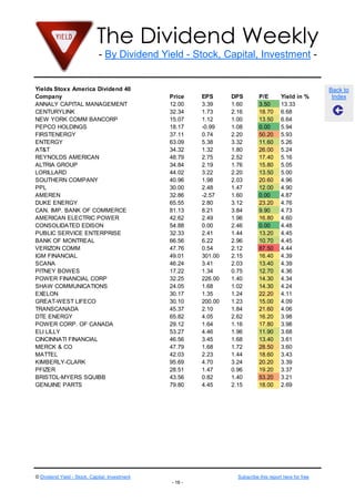 The Dividend Weekly
- By Dividend Yield - Stock, Capital, Investment -
© Dividend Yield - Stock, Capital, Investment Subscribe this report here for free
- 16 -
Back to
Index
Yields Stoxx America Dividend 40
Company Price EPS DPS P/E Yield in %
ANNALY CAPITAL MANAGEMENT 12.00 3.39 1.60 3.50 13.33
CENTURYLINK 32.34 1.73 2.16 18.70 6.68
NEW YORK COMM BANCORP 15.07 1.12 1.00 13.50 6.64
PEPCO HOLDINGS 18.17 -0.99 1.08 0.00 5.94
FIRSTENERGY 37.11 0.74 2.20 50.20 5.93
ENTERGY 63.09 5.38 3.32 11.60 5.26
AT&T 34.32 1.32 1.80 26.00 5.24
REYNOLDS AMERICAN 48.79 2.75 2.52 17.40 5.16
ALTRIA GROUP 34.84 2.19 1.76 15.80 5.05
LORILLARD 44.02 3.22 2.20 13.50 5.00
SOUTHERN COMPANY 40.96 1.98 2.03 20.60 4.96
PPL 30.00 2.48 1.47 12.00 4.90
AMEREN 32.86 -2.57 1.60 0.00 4.87
DUKE ENERGY 65.55 2.80 3.12 23.20 4.76
CAN. IMP. BANK OF COMMERCE 81.13 8.21 3.84 9.90 4.73
AMERICAN ELECTRIC POWER 42.62 2.49 1.96 16.80 4.60
CONSOLIDATED EDISON 54.88 0.00 2.46 0.00 4.48
PUBLIC SERVICE ENTERPRISE 32.33 2.41 1.44 13.20 4.45
BANK OF MONTREAL 66.56 6.22 2.96 10.70 4.45
VERIZON COMM 47.76 0.54 2.12 87.50 4.44
IGM FINANCIAL 49.01 301.00 2.15 16.40 4.39
SCANA 46.24 3.41 2.03 13.40 4.39
PITNEY BOWES 17.22 1.34 0.75 12.70 4.36
POWER FINANCIAL CORP 32.25 226.00 1.40 14.30 4.34
SHAW COMMUNICATIONS 24.05 1.68 1.02 14.30 4.24
EXELON 30.17 1.35 1.24 22.20 4.11
GREAT-WEST LIFECO 30.10 200.00 1.23 15.00 4.09
TRANSCANADA 45.37 2.10 1.84 21.60 4.06
DTE ENERGY 65.82 4.05 2.62 16.20 3.98
POWER CORP. OF CANADA 29.12 1.64 1.16 17.80 3.98
ELI LILLY 53.27 4.46 1.96 11.90 3.68
CINCINNATI FINANCIAL 46.56 3.45 1.68 13.40 3.61
MERCK & CO 47.79 1.68 1.72 28.50 3.60
MATTEL 42.03 2.23 1.44 18.60 3.43
KIMBERLY-CLARK 95.69 4.70 3.24 20.20 3.39
PFIZER 28.51 1.47 0.96 19.20 3.37
BRISTOL-MYERS SQUIBB 43.56 0.82 1.40 53.20 3.21
GENUINE PARTS 79.80 4.45 2.15 18.00 2.69
 