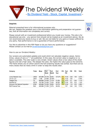 The Dividend Weekly
- By Dividend Yield - Stock, Capital, Investment -
© Dividend Yield - Stock, Capital, Investment Subscribe this report here for free
- 32 -
Back to
Index
Imprint:
Material presented here is for informational purposes only.
We can, despite the greatest care in the information gathering and preparation not guaran-
tee, that all information are completely and correct.
Please consult with an investment professional before you invest your money. This site is for
educational use only - any opinion here should not be treated as an investment advice. We do
not recommend any stocks to buy or sell. We are not liable for any gains or losses suffered by
any party. Past performance is not a guarantee of future performance.
You like to advertise in this PDF-Paper or do you have any questions or suggestions?
Please contact us via mail at dividendyields@gmail.com
How to use our Dividend Weekly:
Our screens are automated updates and could which not calculate negative values. Some-
times, values of zero or “-” are published. In this case, the correct value is negative or no
data is available. The color scale is very simple: Green values show a low value of the sheet
figures and red a high value. The deeper the color, the higher the value goes to the extreme.
The frame shows you on which column the full screening results was sorted. Out there are so
many stocks that we need a limit in order to keep the results clear.
Stocks Past Week
Company Ticker Mcap Perf.
Week
Perf.
Month
Perf.
Year
P/E Fwd
P/E
P/B P/S Yield
Delta Air Lines Inc. DAL 19.10B 12.97% 18.01% 142.92% 11 7.56 - 0.52 1.07%
Perusahaan Perseroan (Persero) PT Telekomunikasi Indonesia Tbk.TLK 18.59B 11.30% -15.15% 1.41% 3.18 - 143.4 2.63 3.33%
ARM Holdings plc ARMH 21.68B 10.20% 11.04% 77.37% 95 35.41 10.7 21.33 0.37%
Huaneng Power International Inc. HNP 14.41B 10.18% -0.85% 46.78% 9.79 7.73 1.53 0.68 2.90%
The Mosaic Company MOS 19.59B 9.08% 5.12% -22.42% 10.4 13.14 1.46 1.96 2.17%
Walt Disney Co. DIS 120.18B 8.63% 4.27% 31.33% 20.2 17.01 2.76 2.72 1.12%
Walgreen Co. WAG 50.66B 8.09% 6.62% 56.41% 23.6 15.24 2.67 0.71 2.36%
Potash Corp. of Saskatchewan, Inc. POT 28.14B 7.69% 5.73% -22.24% 12.6 13.88 2.73 3.5 4.31%
Las Vegas Sands Corp. LVS 52.36B 7.26% 12.10% 58.26% 27.9 18.91 6.98 4.25 2.20%
Aviva plc AV 19.24B 7.03% 3.64% 21.09% - - 1.24 0.35 2.67%
Visa, Inc. V 148.93B 6.98% 5.97% 44.91% 32.6 21.23 5.52 12.91 0.70%
Best Performing Mid Cap Dividend
Stocks Past Week
Company Ticker Mcap Perf.
Week
Perf.
Month
Perf.
Year
P/E Fwd
P/E
P/B P/S Yield
Molex Inc. MOLX 6.87B 31.73% 25.41% 46.46% 28.4 21.38 2.72 1.9 2.48%
Domtar Corporation UFS 2.54B 17.34% 10.94% 2.63% 33.1 12.17 0.96 0.47 2.89%
Linn Energy, LLC LINE 6.58B 16.21% 20.17% -22.73% - 19.53 1.55 3.6 10.93%
CARBO Ceramics Inc. CRR 2.25B 15.47% 14.04% 38.98% 29.2 22.10 3.09 3.71 1.22%
Tronox Limited TROX 2.92B 15.15% 12.49% 7.15% - 16.48 1.23 1.49 3.88%
Konami Corp. KNM 3.32B 11.56% 5.14% 5.14% 28.8 - 1.46 1.48 2.55%
Sinclair Broadcast Group Inc. SBGI 2.69B 10.95% 22.09% 167.46% 21.1 10.42 7.1 2.27 2.06%
Chemical & Mining Co. of Chile Inc. SQM 8.29B 9.83% 11.43% -48.25% 12.8 17.61 3.63 3.29 1.17%
Centrais Electricas Brasileiras S.A. EBR 3.63B 9.80% 22.83% -54.10% - - 0.11 0.23 25.65%
Towers Watson & Co. TW 6.58B 9.64% 12.79% 72.65% 20.9 14.84 2.42 1.83 0.49%
The Wendy's Company WEN 3.37B 9.44% 10.57% 98.61% 286 32.01 1.72 1.34 2.33%
Best Performing Small Cap Dividend
Stocks Past Week
Company Ticker Mcap Perf.
Week
Perf.
Month
Perf.
Year
P/E Fwd
P/E
P/B P/S Yield
Lumos Networks Corp. LMOS 387.58M 15.73% 9.02% 127.27% 20.5 18.16 5.38 1.85 3.07%
Linn Co, LLC LNCO 1.10B 13.98% 23.26% - 33.5 15.32 0.92 - 9.78%
Tredegar Corp. TG 808.86M 13.40% -1.41% 51.29% 17.2 18.75 2.2 0.85 1.11%
SkyWest Inc. SKYW 752.79M 12.48% 1.33% 56.36% 13 10.04 0.53 0.23 1.10%
Simmons First National Corporation SFNC 465.86M 12.26% 4.96% 22.27% 17.3 16.34 1.16 3.53 2.96%
RAIT Financial Trust RAS 495.98M 11.09% 1.57% 48.43% - 7.07 0.64 1.95 7.31%
Qiwi plc QIWI 1.75B 10.91% 14.66% - 50.2 22.93 22.73 6.53 3.80%
Grupo Financiero Galicia S.A. GGAL 1.03B 10.21% 22.21% 62.94% 4.35 3.88 1.07 0.56 0.48%
Sturm, Ruger & Co. Inc. RGR 1.15B 10.07% 8.11% 29.73% 12.6 16.99 8.47 1.93 4.37%
PetMed Express Inc. PETS 336.62M 9.70% 5.93% 64.02% 18.8 17.70 5.09 1.44 4.01%
Hyster-Yale Materials Handling, Inc. HY 1.48B 9.33% 13.07% - 12.6 12.60 3.86 0.58 1.13%
 