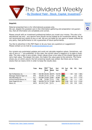 Company                                     Ticker   Mcap      Perf.    Perf.    Perf.     P/E    Fwd      P/B     P/S     Yield
                                                               Week     Month    Year             P/E



                             The Dividend Weekly
Kinross Gold Corporation                  KGC        11.76B    10.14%   -0.96%   -28.38%   -      9.30     0.93    2.92    1.55%
Yamana Gold, Inc.                         AUY        15.13B    5.56%    9.05%    25.19%    41.9   13.98    1.97    6.65    1.29%
TE Connectivity Ltd.                      TEL        14.58B    5.31%    1.85%    -2.46%    13.5   10.43    1.89    1.05    2.46%
Boeing Co.                                BA         55.24B    5.21%    4.33%    12.55%    12.9   13.85    7.28    0.7     2.40%
CBS Corporation               - By Dividend Yield - Stock, Capital, Investment -
                                          CBS        22.32B    5.03%    0.06%    36.95%    15.7   12.15    2.21    1.53    1.38%
Valero Energy Corporation                 VLO        16.32B    4.93%    -5.76%   15.23%    14.8   6.24     0.98    0.12    2.37%
Eldorado Gold Corp.                       EGO        10.64B    4.48%    4.12%    -22.42%   33.9   20.42    1.83    9.66    0.81%
Telefonica Brasil, S.A.                   VIV        25.78B    4.33%    3.57%    -16.15%   12.8   11.34    1.2     1.56    4.30%
QUALCOMM Incorporated                     QCOM       104.96B   3.91%    2.04%    9.76%     20.8   14.96    3.24    5.71    1.62%
Imprint:
Public Storage                            PSA        25.00B    3.85%    5.05%    18.61%    46.6   32.09    3.05    13.9    3.02%
                                                                                                                                   Back to
                                                                                                                                    Index
Taiwan Semiconductor Manufacturing Co. Ltd.
                                          TSM        84.82B    3.74%    6.51%    31.09%    18     15.01    3.95    5.57    3.04%
Material presented here is for informational purposes only.
We Performing Mid Cap Dividend
Best can, despite the greatest care in the information gathering and preparation not guaran-
tee, that Week
Stocks Past all information are completely and correct.

Please consult with an investment professional before you invest your money. P/B site isYield
Company                             Ticker Mcap  Perf.  Perf. Perf.   P/E Fwd  This P/S    for
educational use only - any opinion here should not be treated as an investment advice. We do
                                                 Week Month Year           P/E
not recommend any stocks to buy or sell. We are not liable for any gains or losses suffered by
any party. Past performance is WTW a guarantee of future performance. 12.03 -
Weight Watchers International, Inc.  not   3.18B 19.72% 5.14% -19.31% 14.2          1.75  1.55%
Computer Sciences Corporation               CSC      5.47B     13.17% 12.60%     9.89%     -      12.19
                                                                                               1.29%       2.04    0.35
You like to advertise in this PDF-Paper2.37B you have any questions or 6.48
Western Refining Inc.           WNR     or do 8.72% -0.42% 45.37% 30.3 suggestions?
                                                                            2.84 0.25          2.46%
Please contact us via mail at dividendyields@gmail.com
HollyFrontier Corporation       HFC    8.29B  8.03% 3.48%  37.58% 5.75 7.53 1.56 0.42          2.40%
Thor Industries Inc.                     THO 2.27B 7.90% 19.25% 63.75% 18.9 13.03 2.67 0.74    1.38%
Grupo Aeroportuario Del Sureste SA de CV ASR 3.12B 7.25% 14.57% 92.21% 22.2 18.58 2.56 7.89    2.37%
Our screens are automated updates and could not calculate -40.70% 13.6 10.14 Sometimes, 0.81%
Harmony Gold Mining Co. Ltd.             HMY 3.66B 6.31% 6.99%   negative values. 0.88 1.88     val-
ues of zero or “-” are published. In this case, the correct value is negative or no data is avail-
Tesoro Corporation                       TSO 5.28B 6.01% -8.29% 29.22% 8.99 6.83   1.42 0.16   4.30%
able.Holdings Inc. scale is very simple. Green values show a low value 32.7 the sheets figures and
Solera The color                         SLH 3.39B 5.93% 9.77%  -4.10%  of 17.56 5.02 4.29 1.62%
red a Nationalvalue. The deeper the color, the higher the value50.92% to the 14.39 1.33 The frame
Fidelity high Financial, Inc.            FNF 5.13B 5.78% 1.60%   goes 13.5 extreme. 0.95 3.02%
shows you onInc.
Cinemark Holdings which column the full screening5.43% 11.44% sorted. Out there are so many 3.04%
                                         CNK 2.97B  results was 30.21% 18.7 14.84 2.83 1.23
stocks that we need a limit in order to keep the results clear.
Best Performing Small Cap Dividend
Stocks Past Week

Company                                     Ticker   Mcap      Perf.    Perf.    Perf.     P/E    Fwd      P/B     P/S     Yield
                                                               Week     Month    Year             P/E

Nam Tai Electronics, Inc.                   NTE      640.19M   33.43%   38.07%   154.72%   238    -        1.95    1.08    1.96%
Mahanagar Telephone Nigam Ltd.              MTE      340.20M   16.13%   -4.42%   -10.74%   2.84   -        -       0.33    3.92%
Alon USA Energy, Inc.                       ALJ      814.32M   13.03%   3.08%    29.38%    40     8.57     1.91    0.11    1.11%
AmTrust Financial Services, Inc.            AFSI     1.78B     10.56%   7.21%    7.78%     10.8   9.27     1.62    1.11    1.37%
Sturm, Ruger & Co. Inc.                     RGR      944.97M   10.11%   11.89%   56.47%    15.8   15.66    5.43    2.13    2.14%
Matson, Inc.                                MATX     961.21M   7.49%    0.31%    -         24.4   16.79    3.89    0.58    2.65%
Texas Pacific Land Trust                    TPL      515.90M   7.24%    1.73%    33.30%    22.6   -        25.39   13.55   0.40%
Georgia Gulf Corp.                          GGC      1.35B     7.03%    1.12%    93.55%    17     10.80    2.47    0.4     0.82%
Cementos Pacasmayo SAA                      CPAC     1.42B     6.55%    13.49%   -         24.9   23.02    2.01    3.26    2.83%
OfficeMax Incorporated                      OMX      690.44M   6.13%    6.98%    56.89%    17.3   10.09    1.17    0.1     1.00%
KBW Inc.                                    KBW      598.23M   5.95%    4.98%    23.09%    -      12.89    1.37    2.6     1.16%




© Dividend Yield - Stock, Capital, Investment                                              Subscribe this report here for free
                                                               - 35 -
 