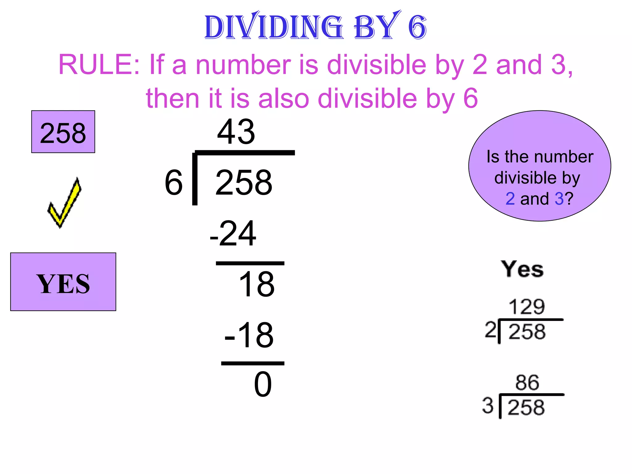 Dividing by 6 RULE: If a number is divisible by 2 and 3, then it is also divisible by 6  43 6   258 - 24  18  -18 0   YES 258 Is the number divisible by  2  and  3 ? 