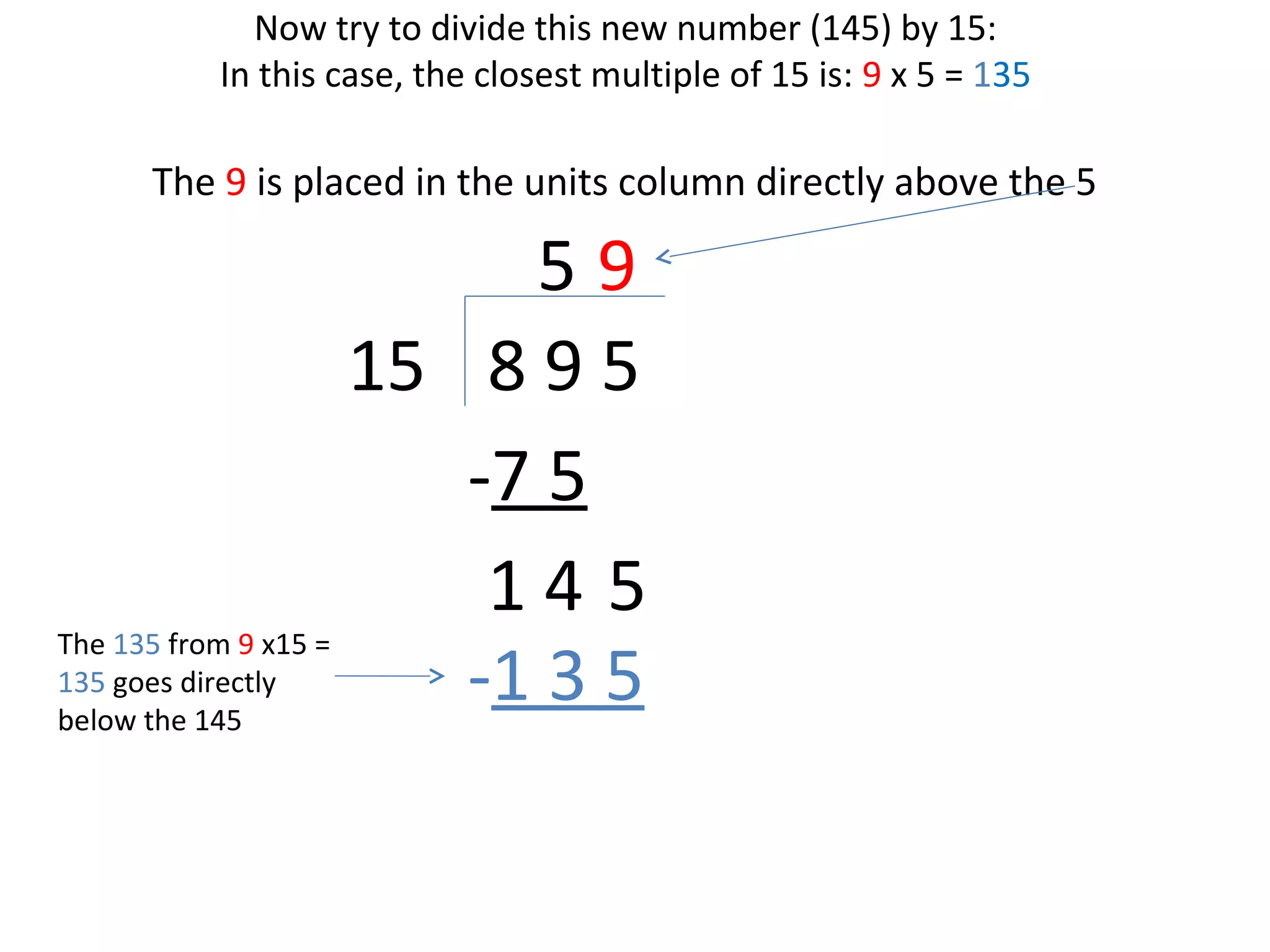 Now try to divide this new number (145) by 15:
In this case, the closest multiple of 15 is: 9 x 5 = 135

The 9 is placed in the units column directly above the 5

59
15 8 9 5
-7 5
14 5
The 135 from 9 x15 =
135 goes directly
-1 3 5
below the 145

 