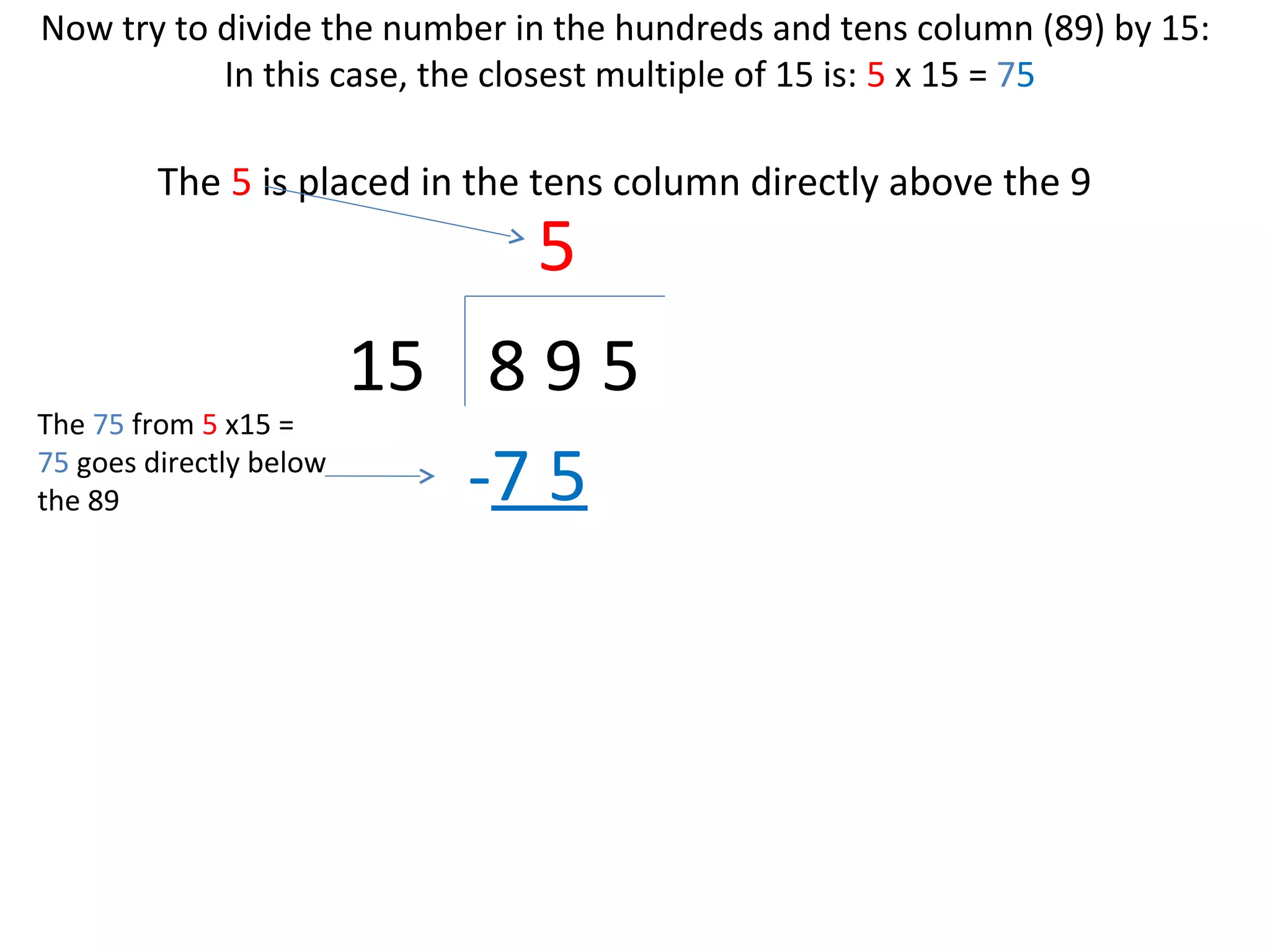 Now try to divide the number in the hundreds and tens column (89) by 15:
In this case, the closest multiple of 15 is: 5 x 15 = 75

The 5 is placed in the tens column directly above the 9

5

15 8 9 5
The 75 from 5 x15 =
75 goes directly below
-7 5
the 89

 
