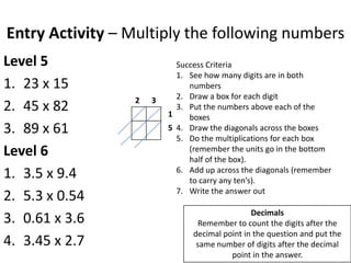 Entry Activity – Multiply the following numbers
Level 5                    Success Criteria
                           1. See how many digits are in both
1. 23 x 15                    numbers
                 2   3     2. Draw a box for each digit
2. 45 x 82               1
                           3. Put the numbers above each of the
                              boxes
3. 89 x 61               5 4. Draw the diagonals across the boxes
                           5. Do the multiplications for each box
Level 6                       (remember the units go in the bottom
                              half of the box).
                           6. Add up across the diagonals (remember
1. 3.5 x 9.4                  to carry any ten’s).
                           7. Write the answer out
2. 5.3 x 0.54
                                               Decimals
3. 0.61 x 3.6                   Remember to count the digits after the
                               decimal point in the question and put the
4. 3.45 x 2.7                   same number of digits after the decimal
                                         point in the answer.
 